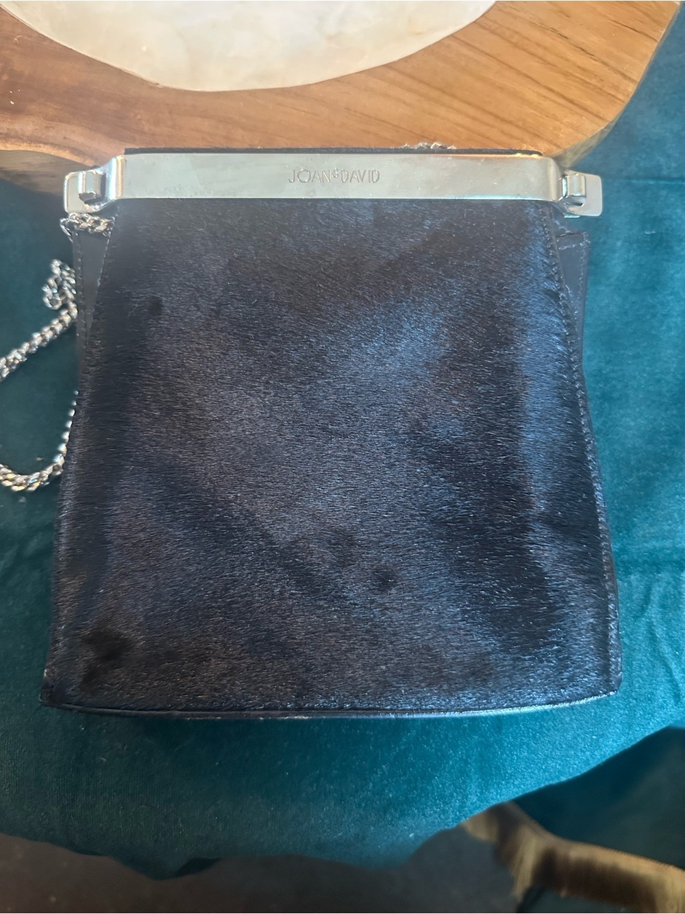 Joan & David Black Pony Hair Crossbody with Silver Frame